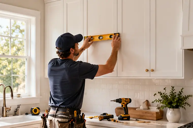 Handyman using a level to install new white kitchen cabinets