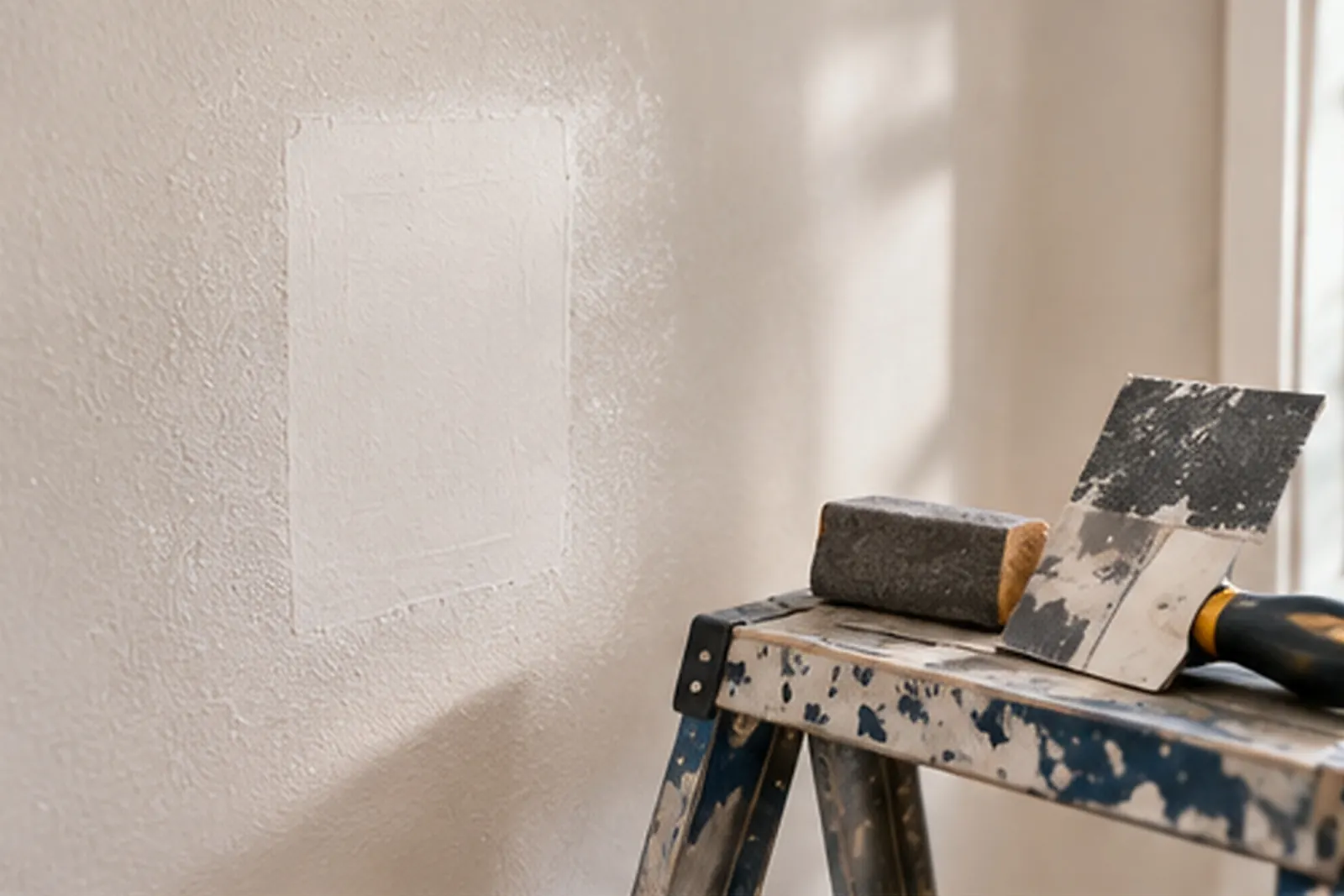 Sanded drywall patch on a wall, with a sanding block and taping knife on a step ladder