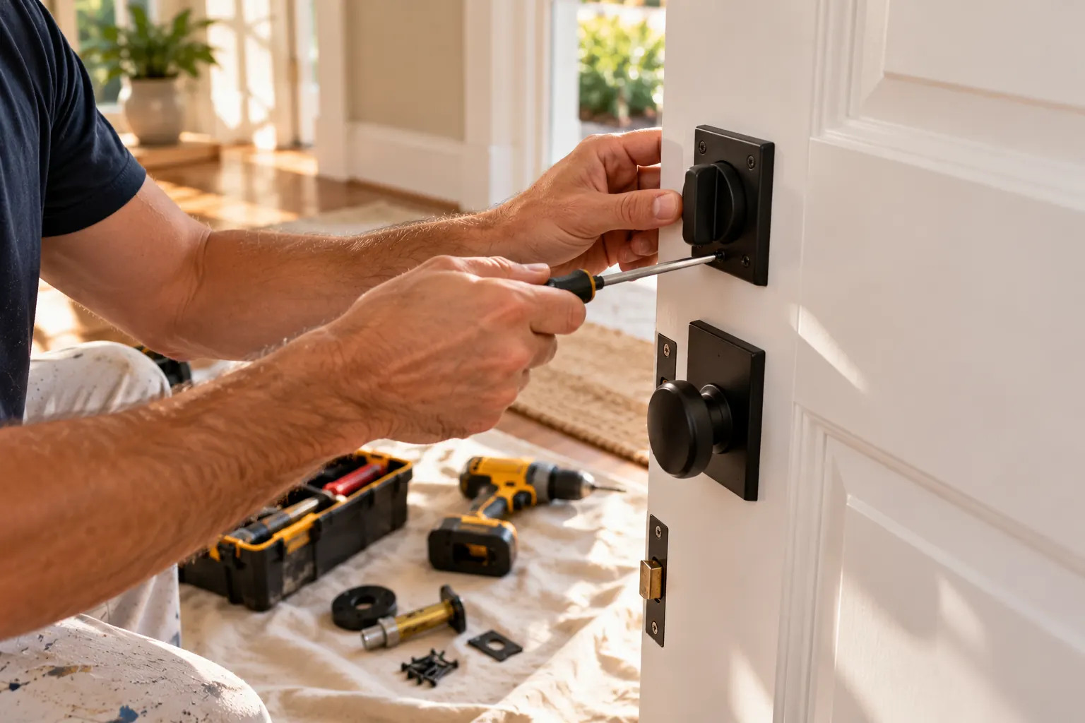 Close-up of hands installing a new deadbolt on a front door