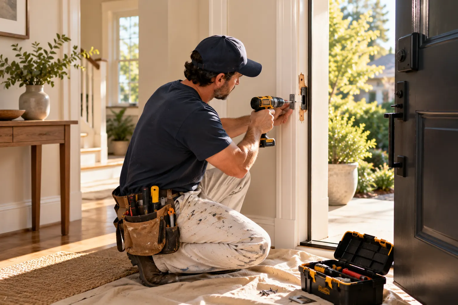 Handyman repairing a damaged front door frame with a cordless drill