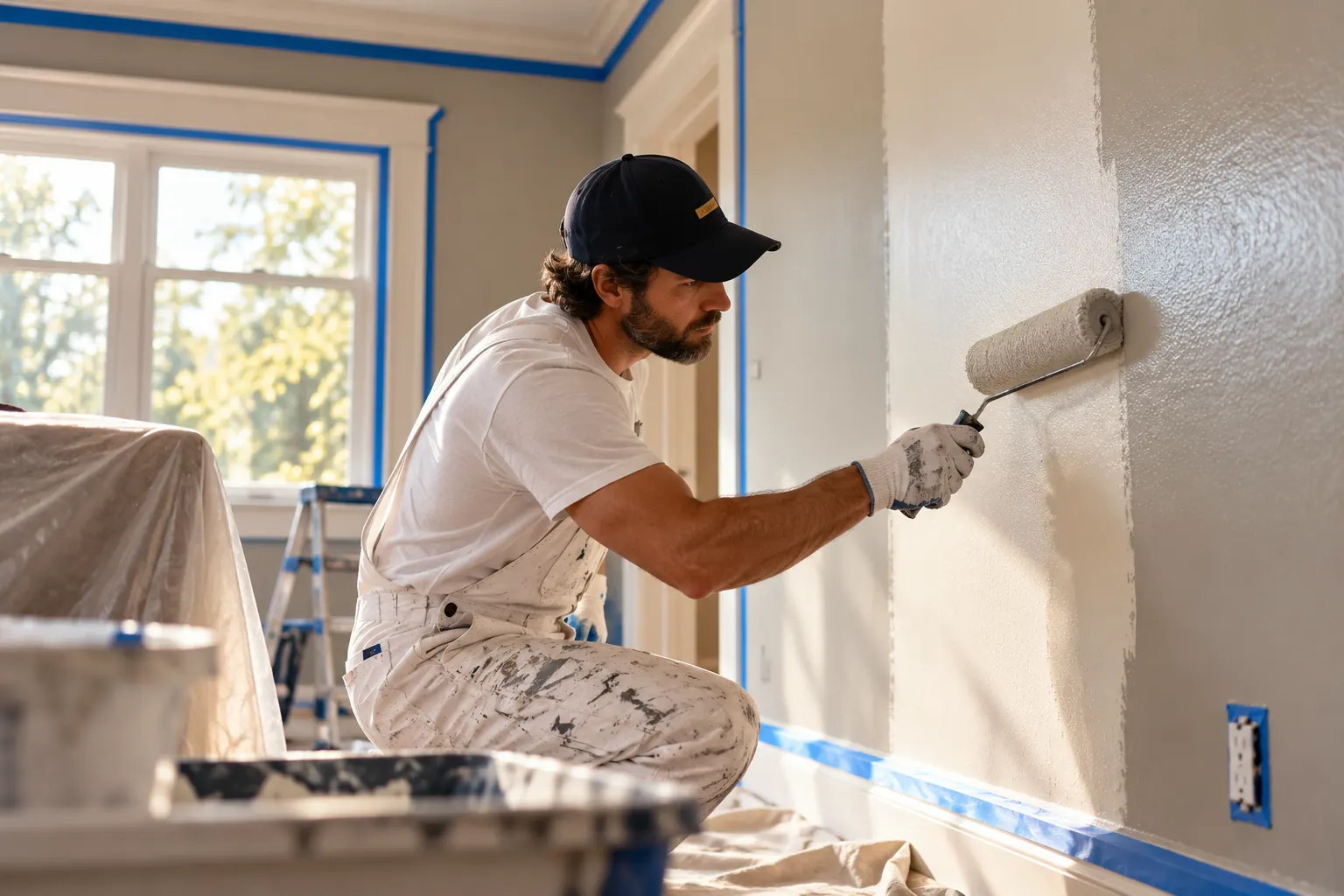 Handyman rolling paint onto a living room wall
