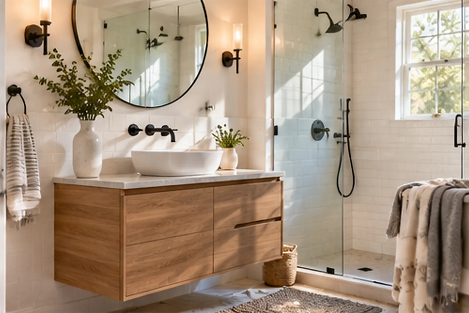 Updated bathroom with a floating wood vanity, round mirror and walk-in shower